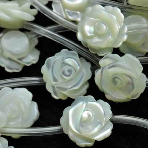 YesBeads White MOP carve rose single-face loose beads wholesale jewelry