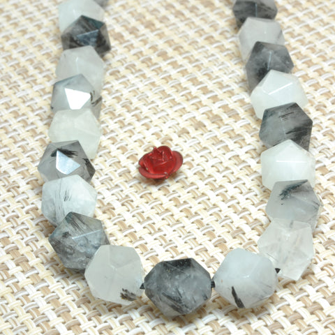YesBeads Natural Black Rutilated Quartz star cut faceted nugget beads gemstone wholesale jewelry making 15"