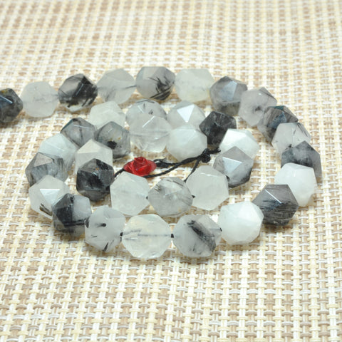 YesBeads Natural Black Rutilated Quartz star cut faceted nugget beads gemstone wholesale jewelry making 15"