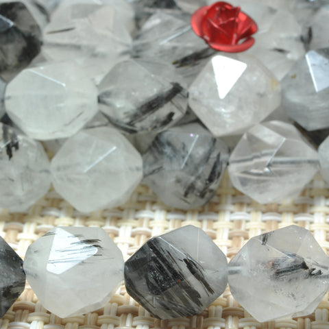 YesBeads Natural Black Rutilated Quartz star cut faceted nugget beads gemstone wholesale jewelry making 15"