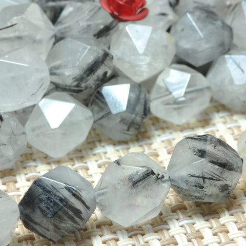 YesBeads Natural Black Rutilated Quartz star cut faceted nugget beads gemstone wholesale jewelry making 15"