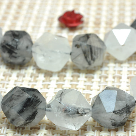 YesBeads Natural Black Rutilated Quartz star cut faceted nugget beads gemstone wholesale jewelry making 15"