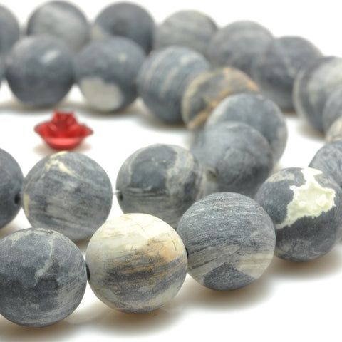 YesBeads Natural Black Silver Leaf Jasper matte faceted round beads gemstone jewelry making 15"