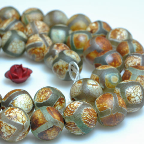 YesBeads Tibetan Agate Dzi turtleback matte round beads gemstone wholesale jewelry making 15"