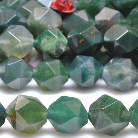YesBeads Natural Green Moss Agate star cut faceted nugget beads gemstone 10mm 15"