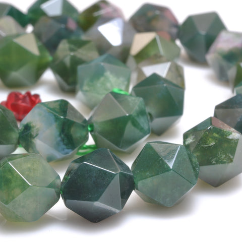 YesBeads Natural Green Moss Agate star cut faceted nugget beads gemstone 10mm 15"