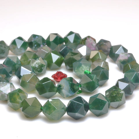 YesBeads Natural Green Moss Agate star cut faceted nugget beads gemstone 10mm 15"