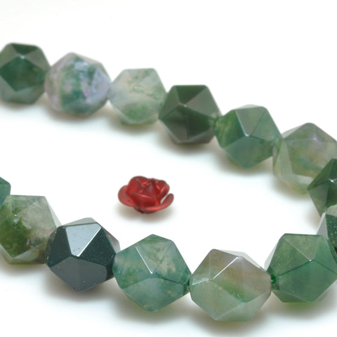 YesBeads Natural Green Moss Agate star cut faceted nugget beads gemstone 10mm 15"