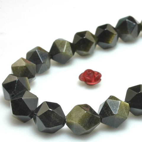 YesBeads Natural black golden obsidian star faceted nugget loose beads gemstone wholesale jewelry bracelet making 15"