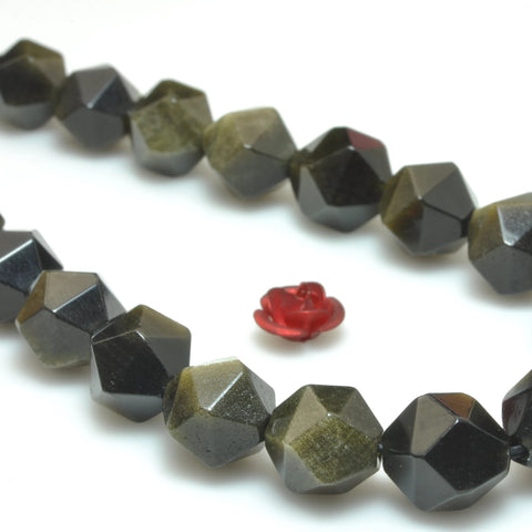 YesBeads Natural black golden obsidian star faceted nugget loose beads gemstone wholesale jewelry bracelet making 15"