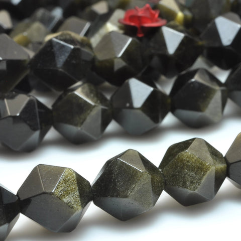 YesBeads Natural black golden obsidian star faceted nugget loose beads gemstone wholesale jewelry bracelet making 15"