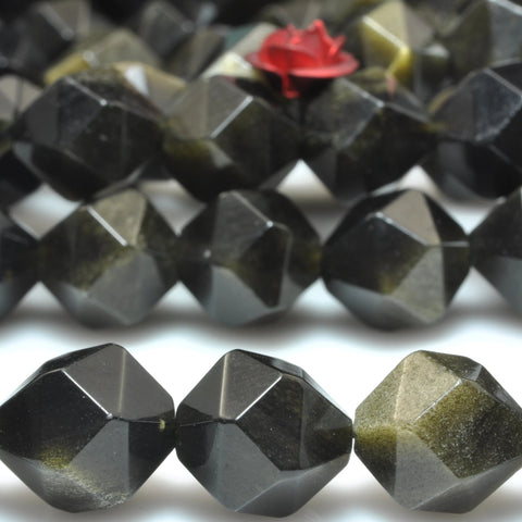 YesBeads Natural black golden obsidian star faceted nugget loose beads gemstone wholesale jewelry bracelet making 15"