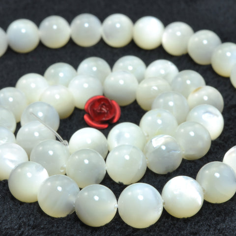 YesBeads Natural MOP A grade white mother pearl shell smooth round loose beads wholesale gemstone jewelry making 15"