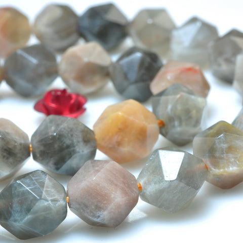 YesBeads Natural Gray Sunstone star cut faceted nugget beads gemstone 6mm-10mm 15"