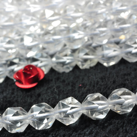 YesBeads Natural Rock Crystal white clear quartz star cut faceted nugget beads 15"