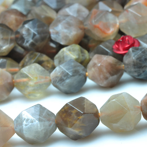 YesBeads Natural Gray Sunstone star cut faceted nugget beads gemstone 6mm-10mm 15"