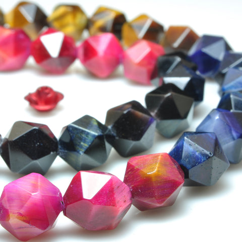 YesBeads Rainbow Tiger Eye mix gemstone star cut faceted nugget beads 6mm 8mm 15"