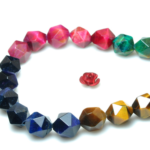 YesBeads Rainbow Tiger Eye mix gemstone star cut faceted nugget beads 6mm 8mm 15"