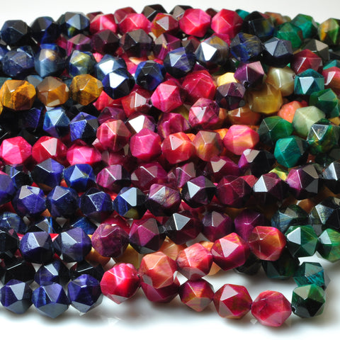 YesBeads Rainbow Tiger Eye mix gemstone star cut faceted nugget beads 6mm 8mm 15"