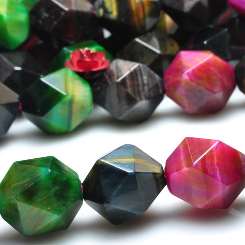 YesBeads Rainbow Tiger Eye mix gemstone star cut faceted nugget beads 10mm 12mm 15"