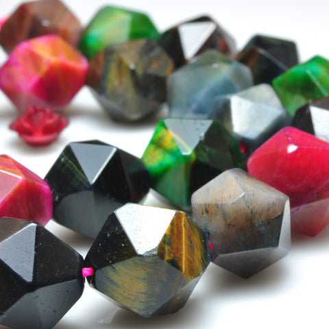 YesBeads Rainbow Tiger Eye mix gemstone star cut faceted nugget beads 10mm 12mm 15"