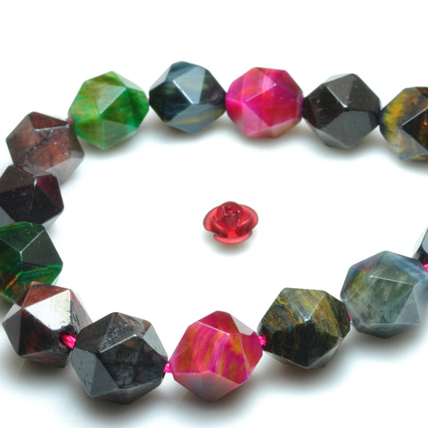 YesBeads Rainbow Tiger Eye mix gemstone star cut faceted nugget beads 10mm 12mm 15"