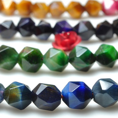 YesBeads Rainbow Tiger Eye mix gemstone star cut faceted nugget beads 6mm 8mm 15"
