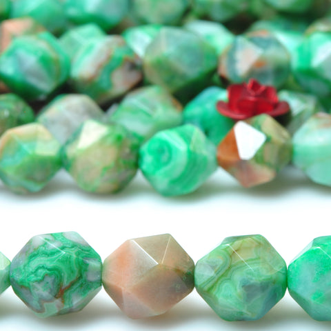 YesBeads Green Mexican Crazy Lace Agate star cut faceted nugget beads 6mm 8mm 15"