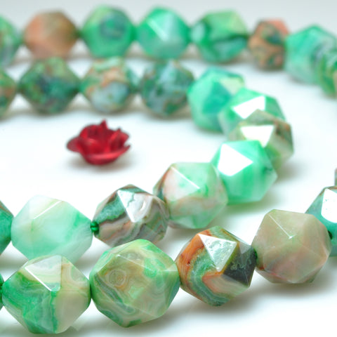 YesBeads Green Mexican Crazy Lace Agate star cut faceted nugget beads 6mm 8mm 15"