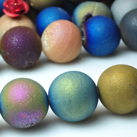 Rainbow Druzy Agate titanium coated mix gemstone matte round loose beads wholesale jewelry making 15"