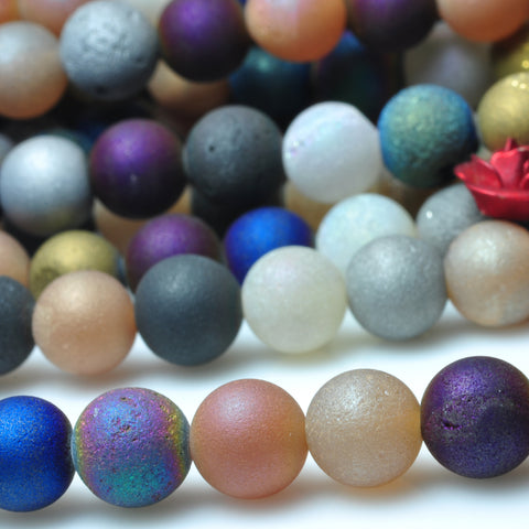 Rainbow Druzy Agate titanium coated mix gemstone matte round loose beads wholesale jewelry making 15"