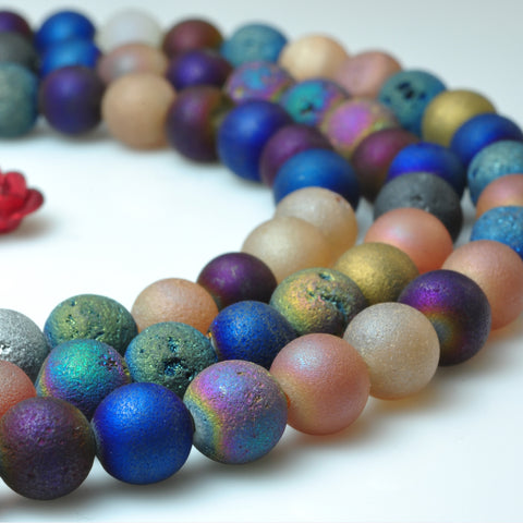 Rainbow Druzy Agate titanium coated mix gemstone matte round loose beads wholesale jewelry making 15"