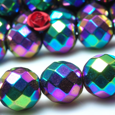 YesBeads Rainbow Hematite titanium coated faceted round beads gemstone wholesale 15" 64Faces