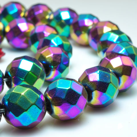 YesBeads Rainbow Hematite titanium coated faceted round beads gemstone wholesale 15" 64Faces