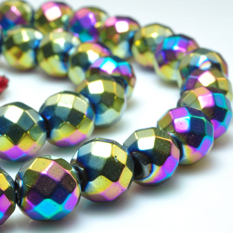 YesBeads Rainbow Hematite titanium coated faceted round beads gemstone wholesale 15" 64Faces