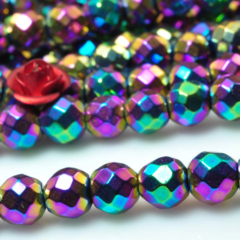 YesBeads Rainbow Hematite titanium coated faceted round beads gemstone wholesale 15" 64Faces