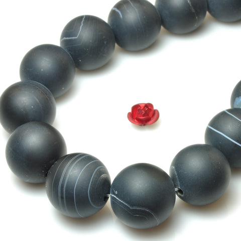 YesBeads Natural Black Banded Agate matte round beads gemstone 8mm-12mm 15"