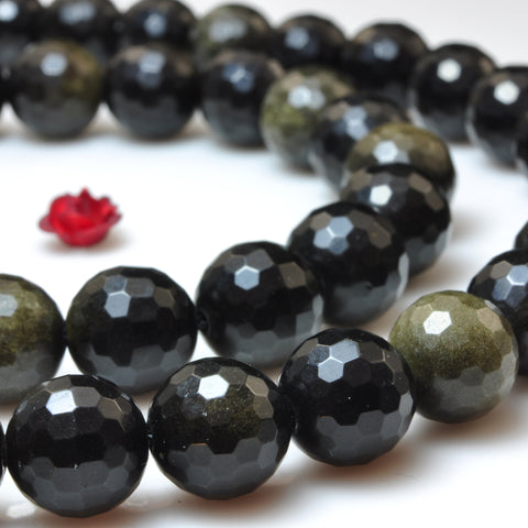 YesBeads Natural Black Golden Obsidian faceted round beads wholesale gemstone jewelry making 15"