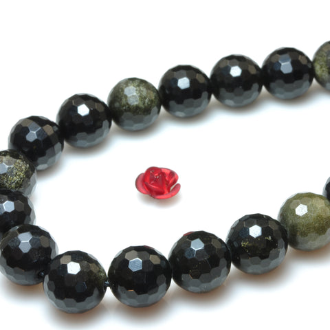 YesBeads Natural Black Golden Obsidian faceted round beads wholesale gemstone jewelry making 15"