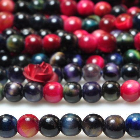 YesBeads Rainbow Tiger Eye mix gemstone smooth round beads 4mm 15"