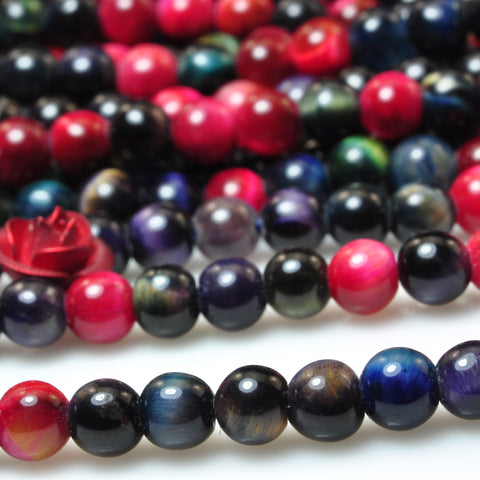 YesBeads Rainbow Tiger Eye mix gemstone smooth round beads 4mm 15"