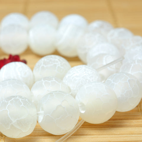 YesBeads White Fire Agate matte round loose beads crackle agate wholesale gemstone jewelry making 15''