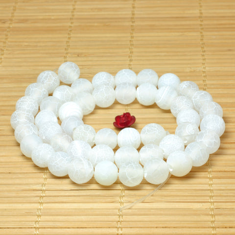 YesBeads White Fire Agate matte round loose beads crackle agate wholesale gemstone jewelry making 15''