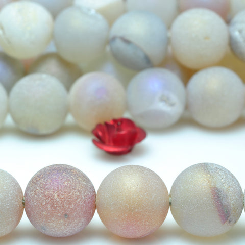 YesBeads Druzy Agate titanium coated agate matte round beads 8mm 12mm 15"