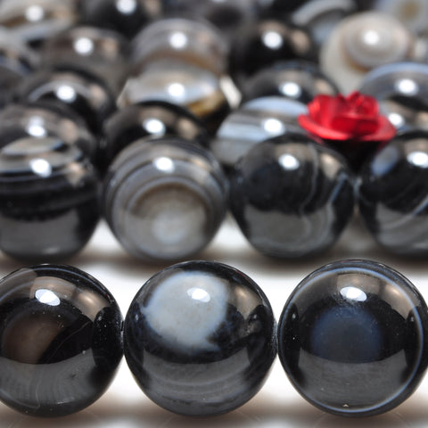 YesBeads Natural Black Eye Banded Agate smooth round beads gemstone 6-16mm 15"