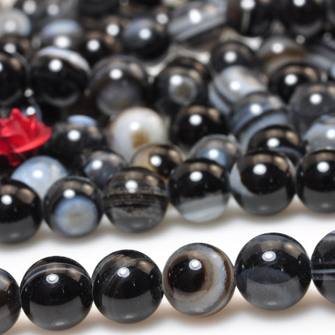 YesBeads Natural Black Eye Banded Agate smooth round beads gemstone 6-16mm 15"