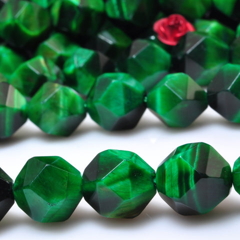 YesBeads Green Tiger Eye star cut faceted nugget beads gemstone wholesale jewelry 15"