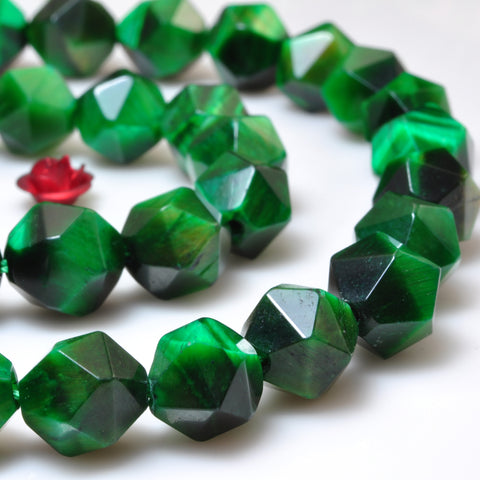YesBeads Green Tiger Eye star cut faceted nugget beads gemstone wholesale jewelry 15"