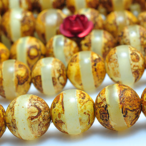 YesBeads Tibetan Agate Dzi oneline matte round beads gemstone 8mm 15"