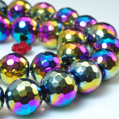 YesBeads Rainbow Hematite titanium coated faceted round beads gemstone wholesale 15"